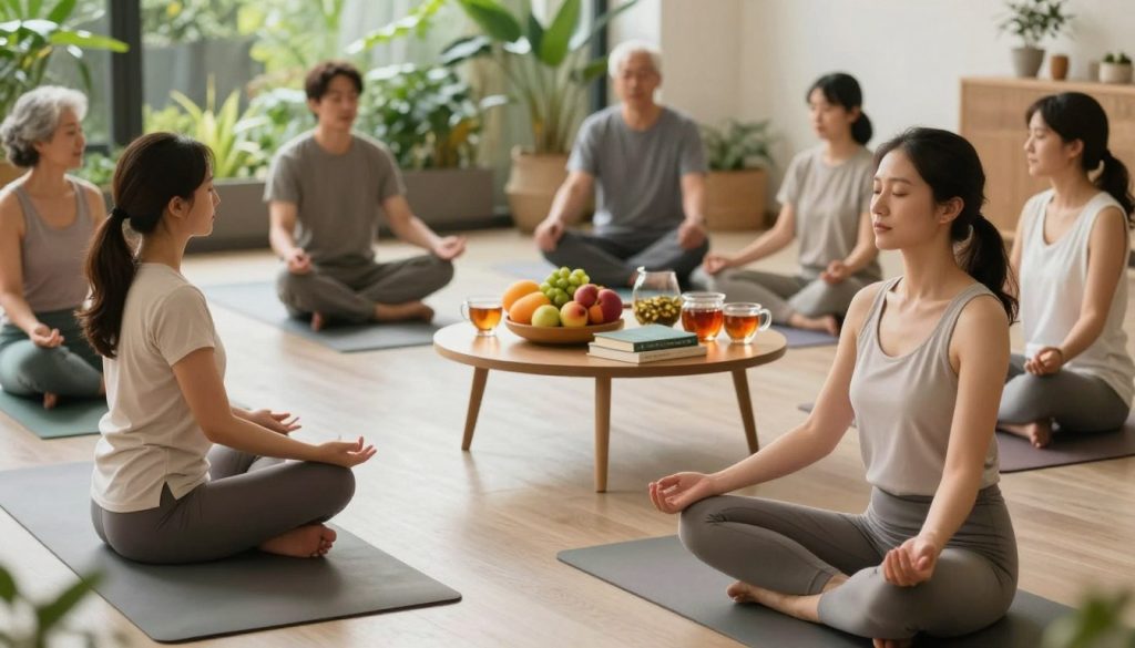 A serene wellness space filled with natural light, featuring a diverse group of individuals engaged in various holistic health activities, such as yoga, meditation, and nutrition planning. In the foreground, a woman in modest yoga attire practices a sun salutation on a soft mat, embodying tranquility. The middle ground showcases a small round table with vibrant fruits, herbal teas, and holistic wellness books, symbolizing a well-rounded lifestyle. In the background, a lush indoor garden with plants adds to the calming atmosphere. The lighting is soft and warm, creating an inviting and peaceful mood. The scene captures the essence of choosing holistic health programs, emphasizing mindfulness and community support. A serene wellness space filled with natural light, featuring a diverse group of individuals engaged in various holistic health activities, such as yoga, meditation, and nutrition planning. In the foreground, a woman in modest yoga attire practices a sun salutation on a soft mat, embodying tranquility. The middle ground showcases a small round table with vibrant fruits, herbal teas, and holistic wellness books, symbolizing a well-rounded lifestyle. In the background, a lush indoor garden with plants adds to the calming atmosphere. The lighting is soft and warm, creating an inviting and peaceful mood. The scene captures the essence of choosing holistic health programs, emphasizing mindfulness and community support.