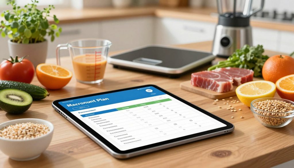 A visually appealing fitness diet plan laid out on a wooden table, with vibrant, healthy foods like fruits, vegetables, lean meats, and whole grains artistically arranged around the plan. In the foreground, a sleek, modern digital tablet displays a detailed macronutrient calculator app open, showcasing proteins, fats, and carbohydrates. The middle ground features a measuring cup and a scale, emphasizing precision in dietary choices. The background consists of soft-focus kitchen elements, such as a potted herb plant and a blender, to create a warm, inviting atmosphere. The lighting is bright and natural, suggesting a sunny afternoon, with soft shadows enhancing the textures of the food. The overall mood is motivational and informative, inspiring viewers to adopt healthy eating habits for body transformation.