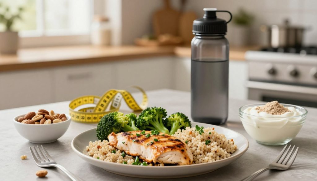 A visually appealing scene depicting a nutritious meal plan for muscle gain. In the foreground, showcase a vibrant plate filled with grilled chicken breast, quinoa, and steamed broccoli, garnished with fresh herbs. Surround the plate with small bowls of nuts, Greek yogurt, and protein powder, creating an organized, inviting presentation. In the middle, include a measuring tape and a sleek, modern water bottle to symbolize fitness tracking and hydration. The background should softly blur into a cozy kitchen setting with warm lighting from a window, providing a friendly, motivational atmosphere. Capture the mood of health and growth with a slight depth of field, using a 50mm lens perspective to focus sharply on the meal while gently fading out the background details.