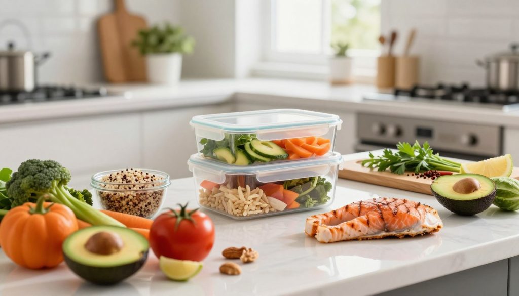 A well-designed kitchen counter with a variety of nutritious foods for lean muscle gain. In the foreground, display a vibrant array of fresh vegetables, lean protein sources like grilled chicken and salmon, whole grains like quinoa and brown rice, and healthy fats such as avocados and nuts. In the middle, a sleek meal prep container, artistically arranged with colorful ingredients, sits beside a cutting board with fresh herbs and spices. The background features a modern kitchen with bright natural light streaming through a window, creating an inviting atmosphere. Soft focus on the background to emphasize the meal preparation process, capturing the essence of healthy eating and aesthetic fitness. The overall mood should convey energy, motivation, and a balanced approach to nutrition. A well-designed kitchen counter with a variety of nutritious foods for lean muscle gain. In the foreground, display a vibrant array of fresh vegetables, lean protein sources like grilled chicken and salmon, whole grains like quinoa and brown rice, and healthy fats such as avocados and nuts. In the middle, a sleek meal prep container, artistically arranged with colorful ingredients, sits beside a cutting board with fresh herbs and spices. The background features a modern kitchen with bright natural light streaming through a window, creating an inviting atmosphere. Soft focus on the background to emphasize the meal preparation process, capturing the essence of healthy eating and aesthetic fitness. The overall mood should convey energy, motivation, and a balanced approach to nutrition.